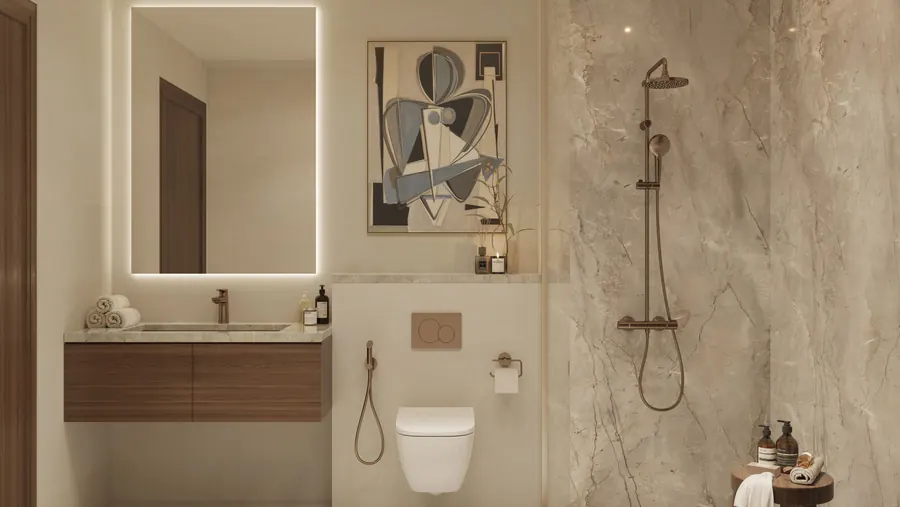 Dark scheme bathroom with brushed bronze fittings