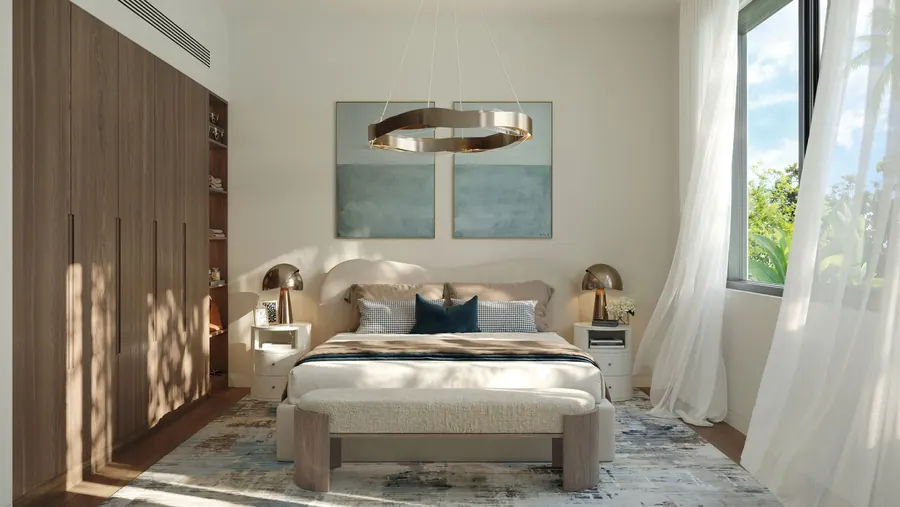 Dark scheme bedroom with timber wardrobe wall