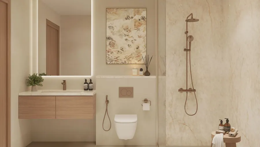 Light scheme bathroom with brushed nickel fittings